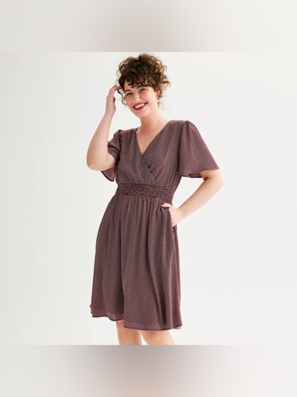 Draper James Mauve-Burgundy Printed V-Neck Smocked-Waist Midi Dress